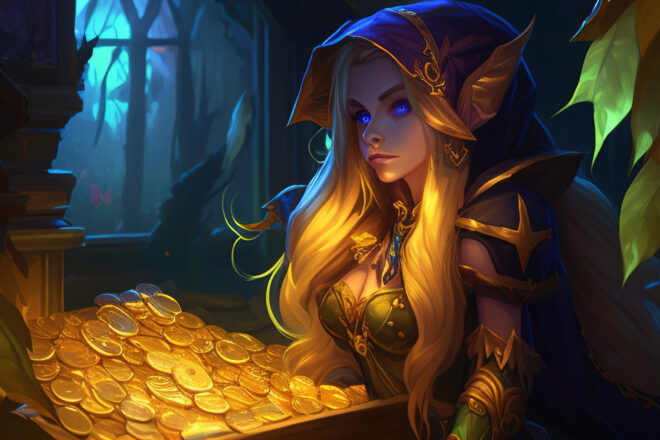 World of Warcraft Night Elf with gold coins